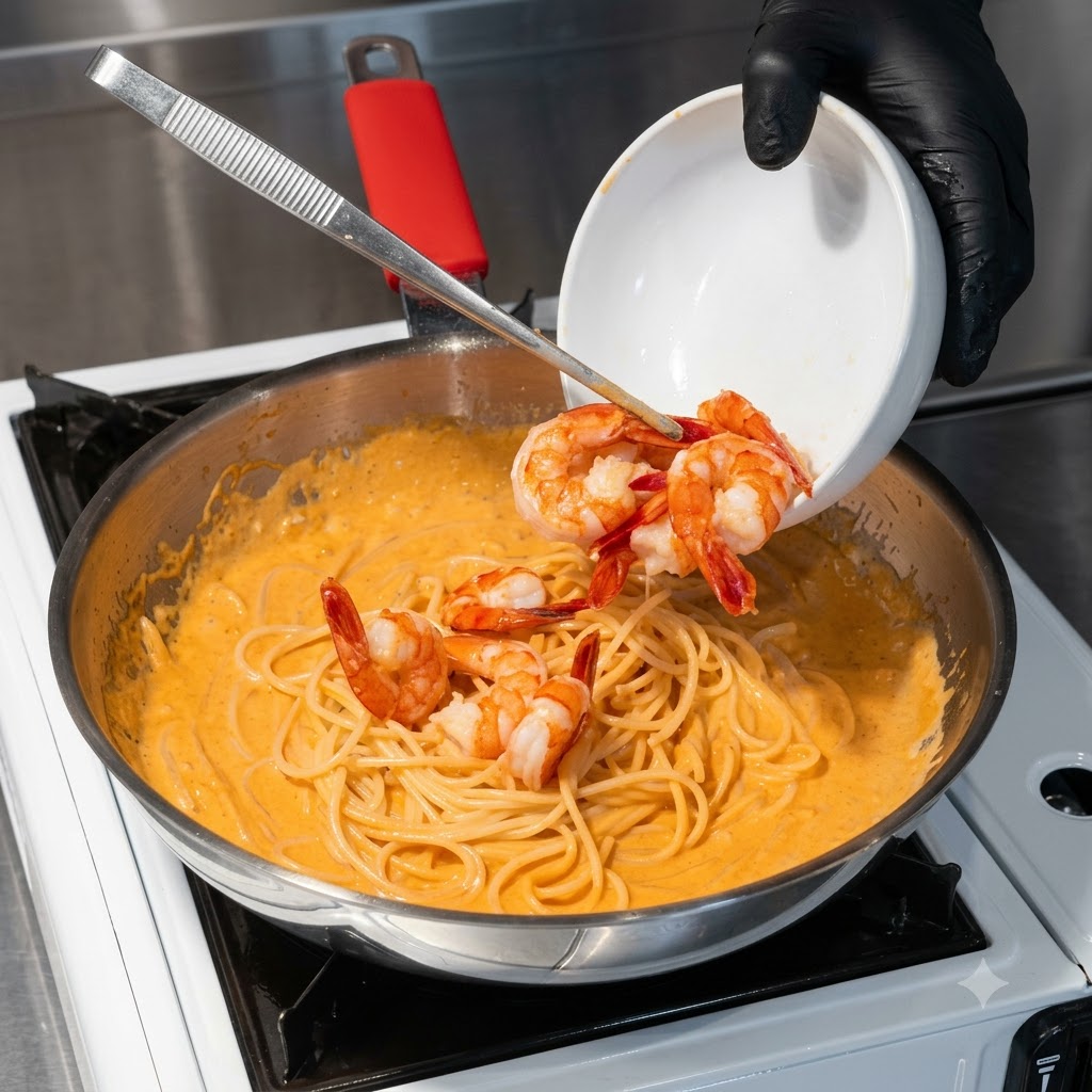 Gamberi cotti versati da una ciotola bianca in una padella di pasta cremosa coreana.