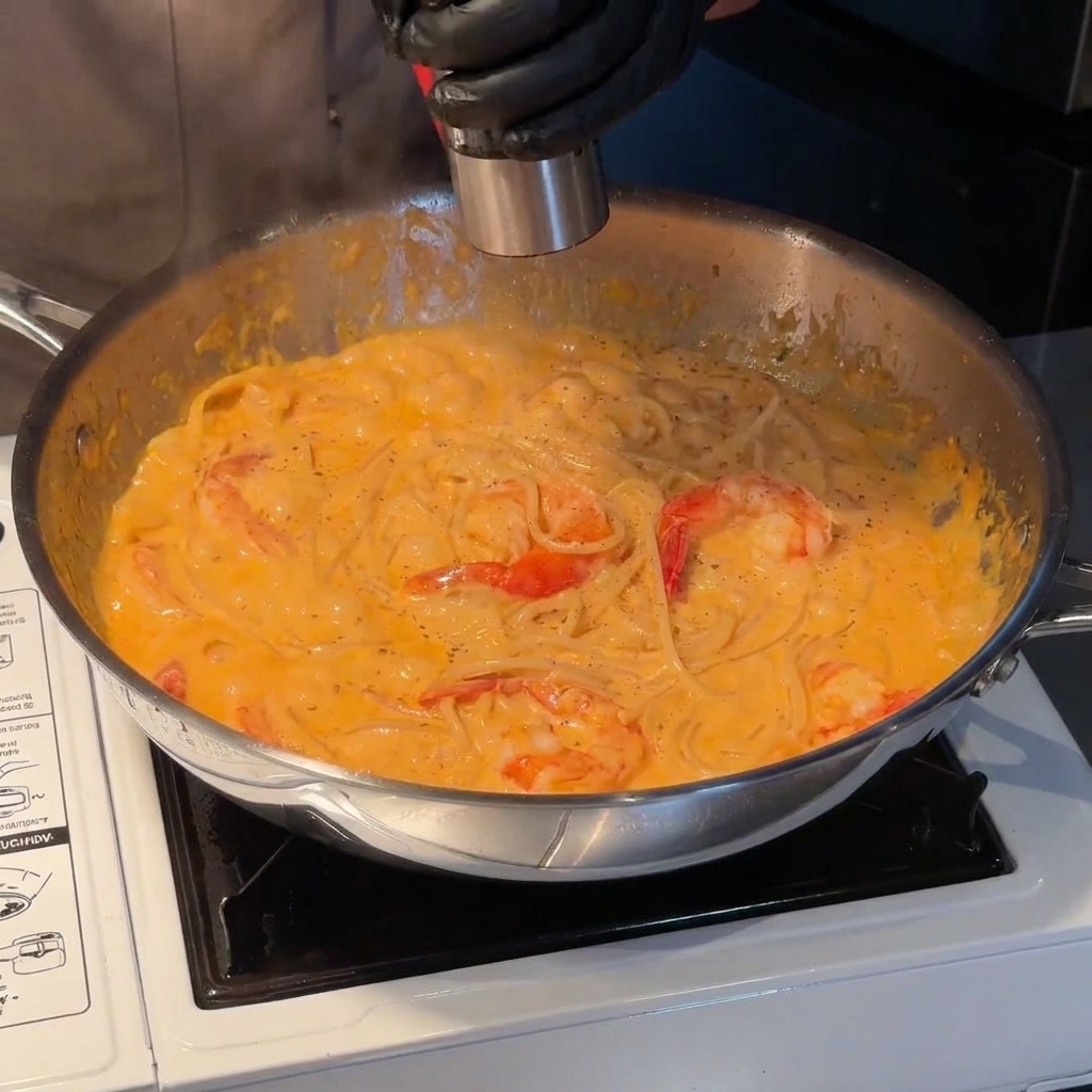 Una persona che usa un macinapepe per macinare pepe nero sopra la pasta cremosa ai gamberi in una padella in acciaio inossidabile.