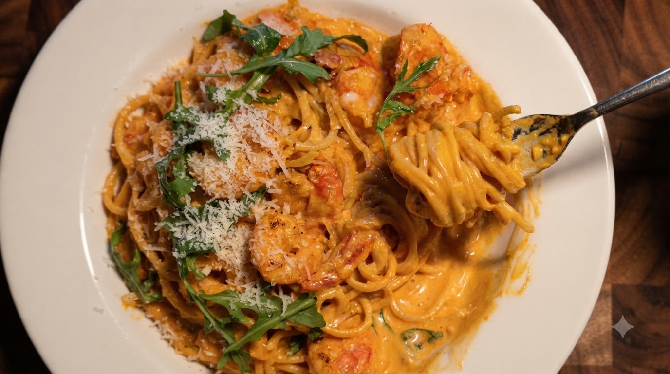 Un piatto di pasta cremosa al peperoncino coreano e gamberi, guarnito con rucola fresca e formaggio Parmigiano grattugiato.
