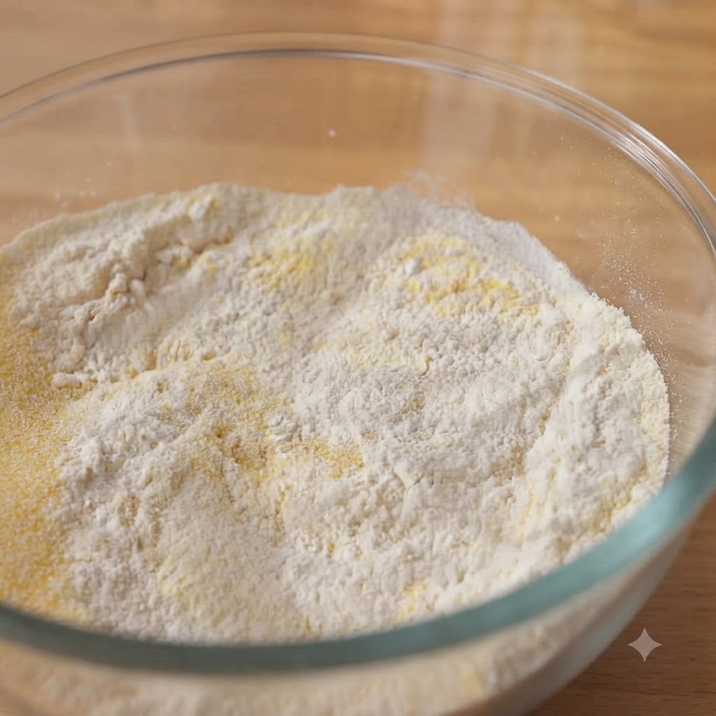 Lievito secco a basso contenuto di zuccheri e sale cosparsi sul miscuglio di farina in una ciotola di vetro.