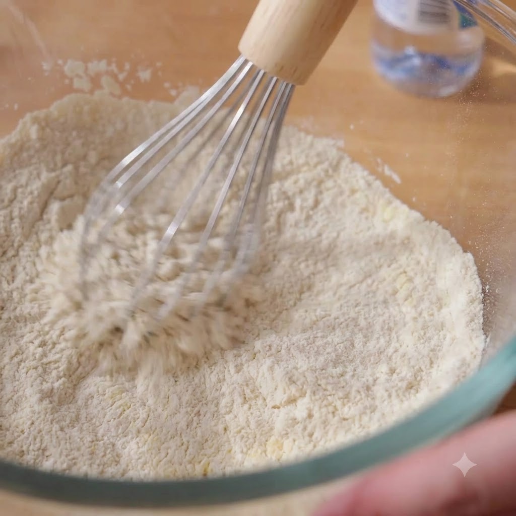 Acqua versata da una bottiglia nella ciotola di vetro riempita con gli ingredienti di farina secca.