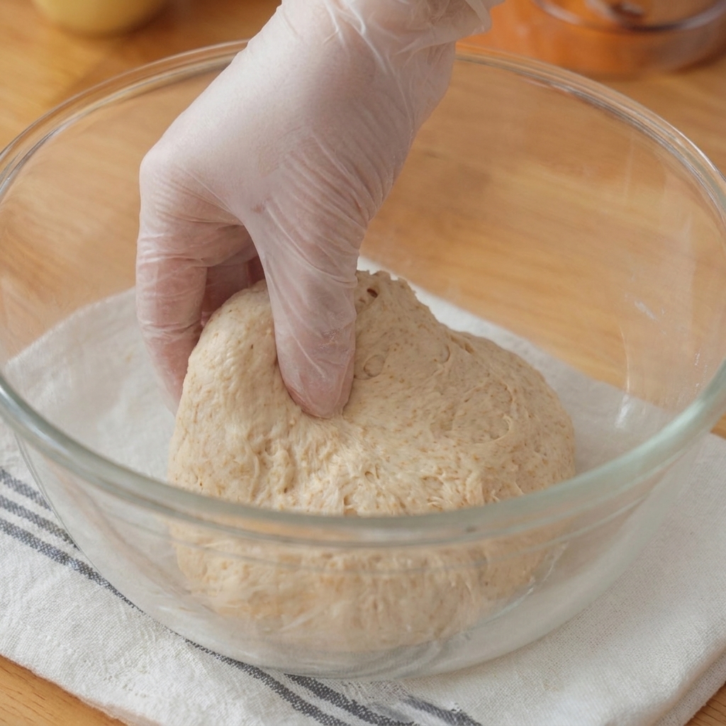 Una mano guantata che stira e piega una palla di impasto per pizza allinterno di una ciotola di vetro appoggiata su un canovaccio da cucina.