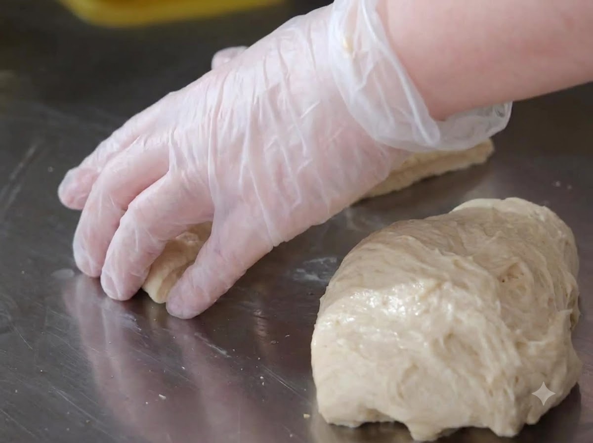 Una mano guantata che modella una porzione di impasto per pizza in una palla liscia sul banco da lavoro.