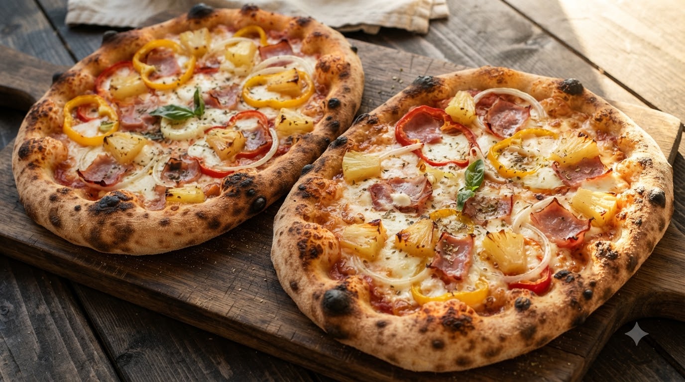 Due pizze fatte in casa appena sfornate guarnite con ananas, peperoni, cipolle, prosciutto, pancetta e formaggio fuso su taglieri di legno.