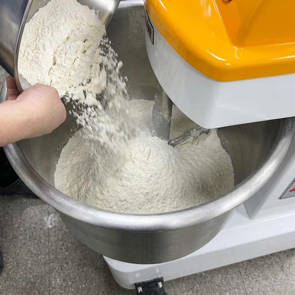 Farina Caputo 00 versata da un contenitore in acciaio nella ciotola di unimpastatrice commerciale.