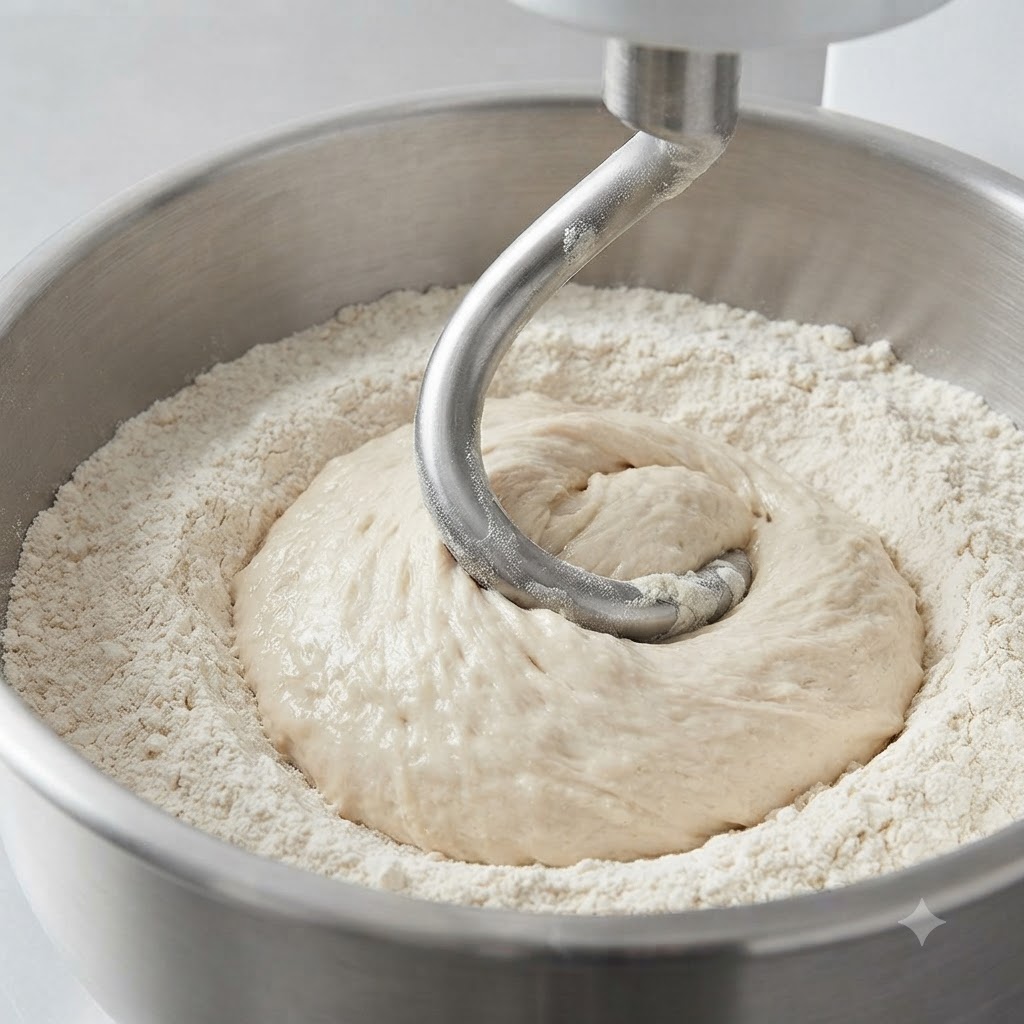 Un gancio a spirale di unimpastatrice che lavora un composto di poolish nella farina allinterno di una grande ciotola in acciaio.