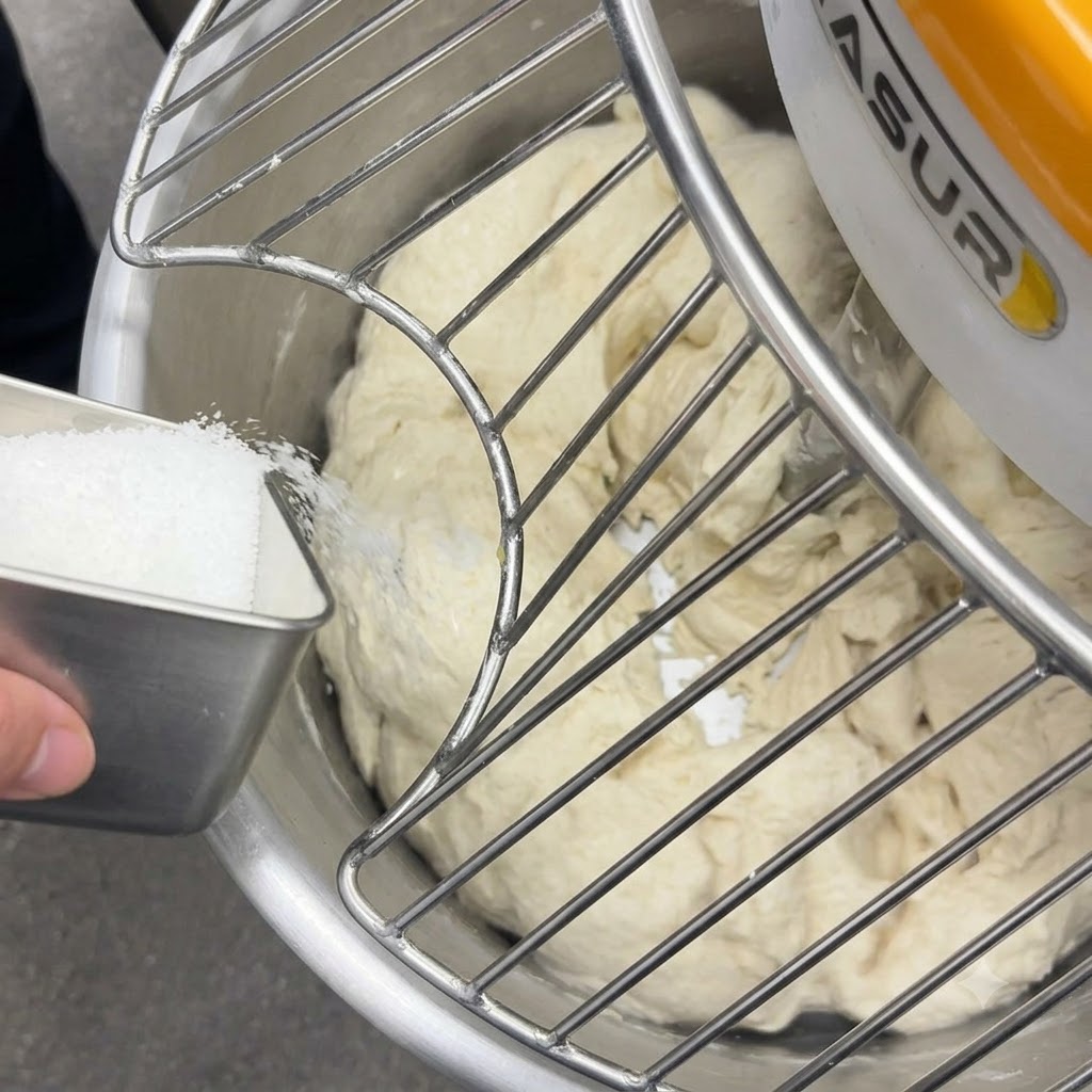 Sale fino versato da un contenitore di metallo attraverso la griglia di protezione nellimpasto in lavorazione.