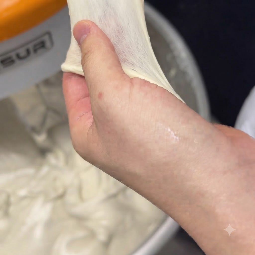 Una mano che tira un foglio sottile e traslucido di impasto per pizza per testare lo sviluppo del glutine.
