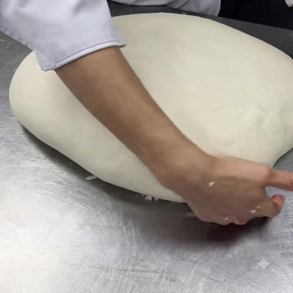 Le mani dello chef che levigano e arrotondano un grande pezzo di impasto su un bancone in acciaio inossidabile.