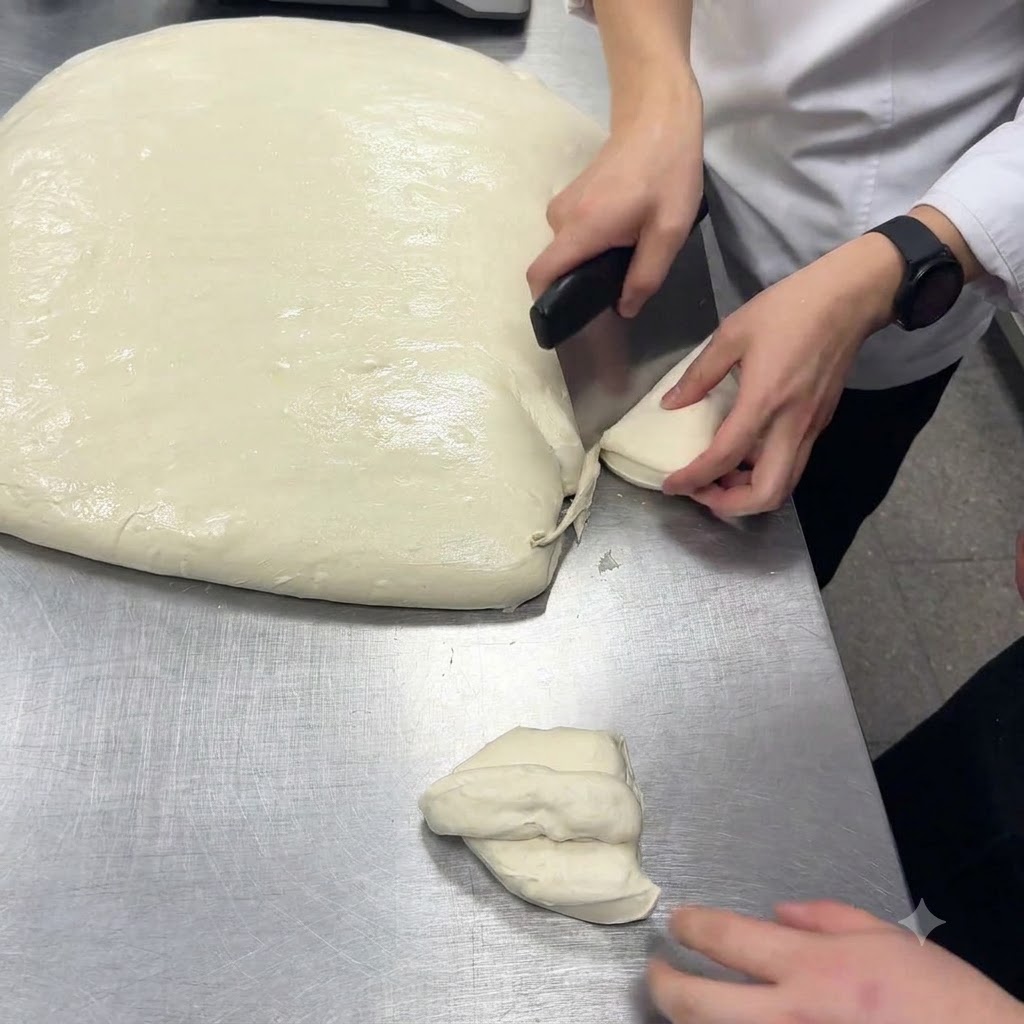 Un tarocco da banco che taglia un grande foglio di impasto bianco per pizza su un tavolo da lavoro.
