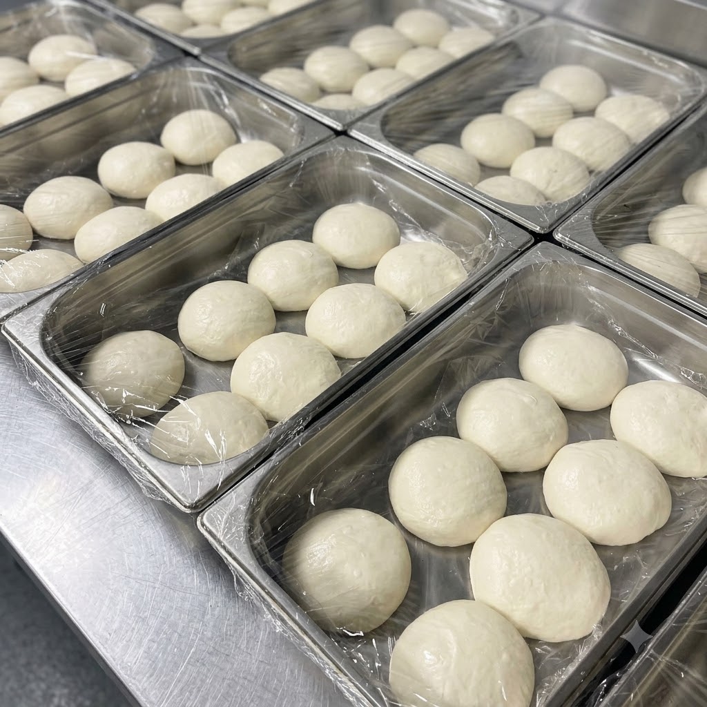 Più contenitori riempiti di panetti di impasto bianco uniformi coperti da pellicola trasparente.
