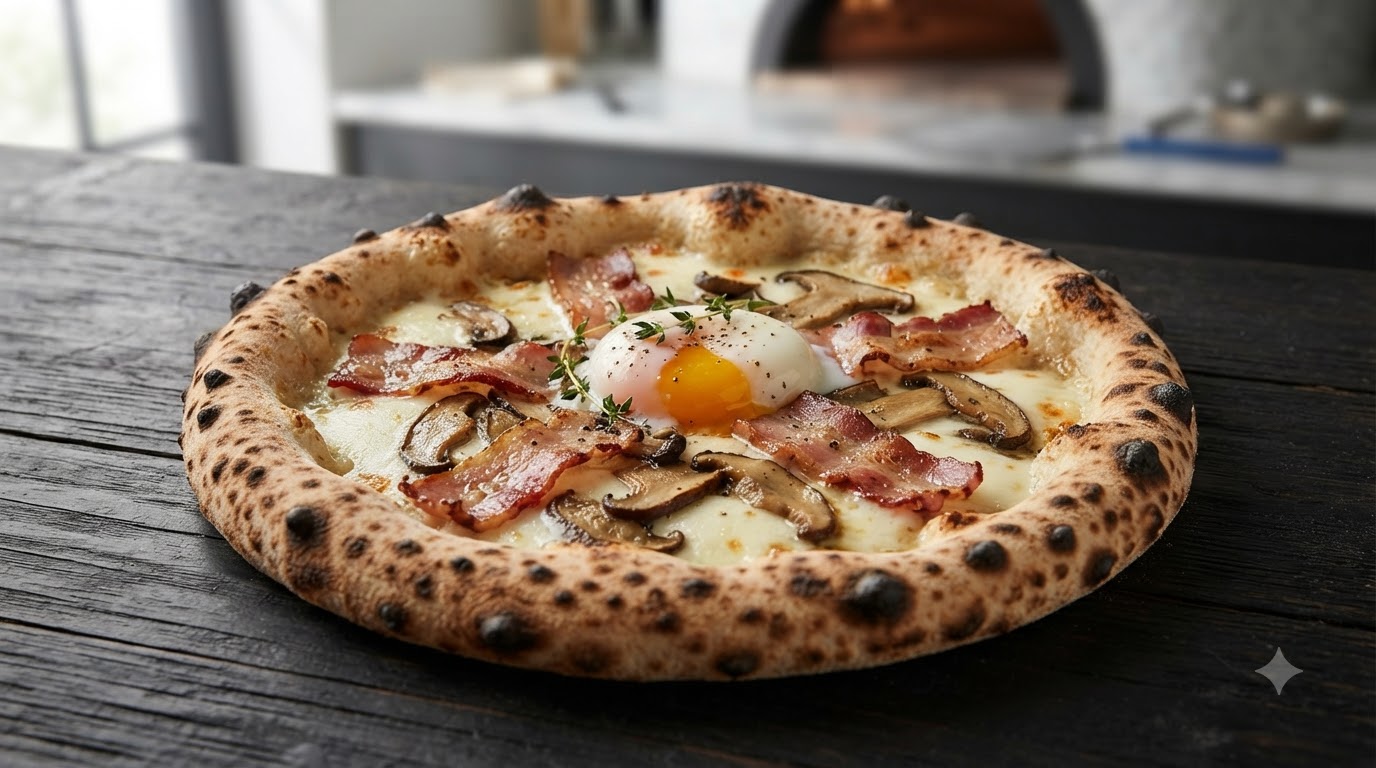 Una pizza napoletana moderna appena sfornata con crosta bruciata e ariosa, guarnita con mozzarella fusa, pancetta tagliata spessa, funghi porcini e un uovo barzotto.