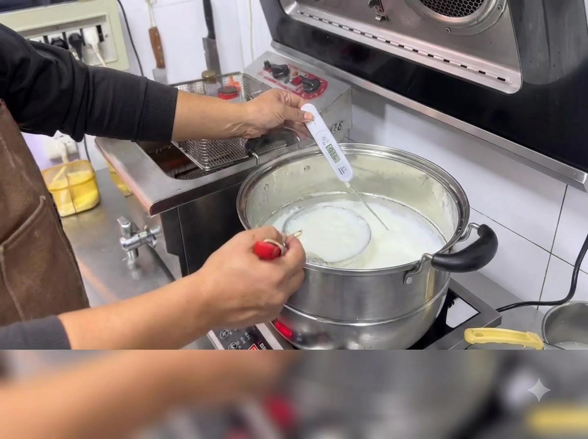 Latte che si riscalda in una grande pentola su un fuoco con un termometro digitale che mostra la temperatura.