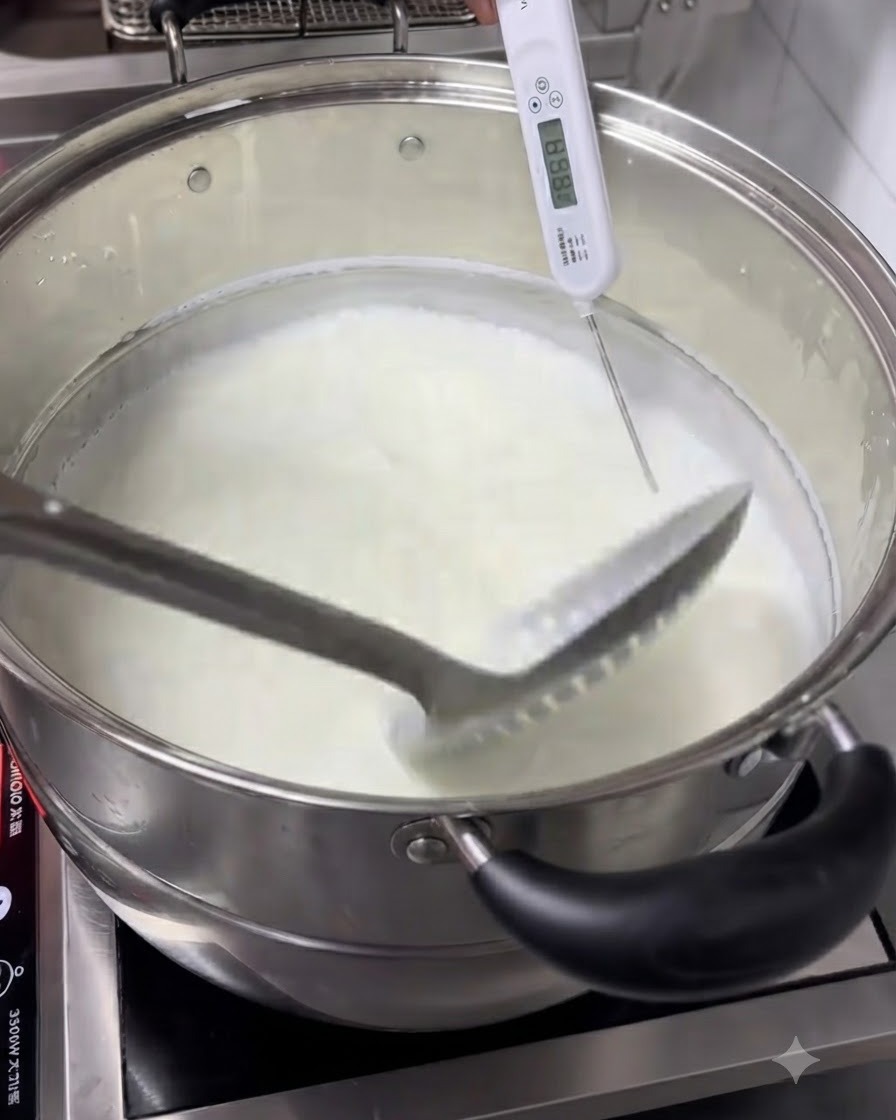 Succo di limone fresco versato da un misurino in una pentola di latte caldo.