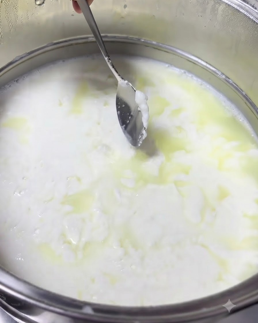 Mani che tengono una stamigna bianca piena di cagliate di latte sopra una pentola per filtrare il siero liquido.