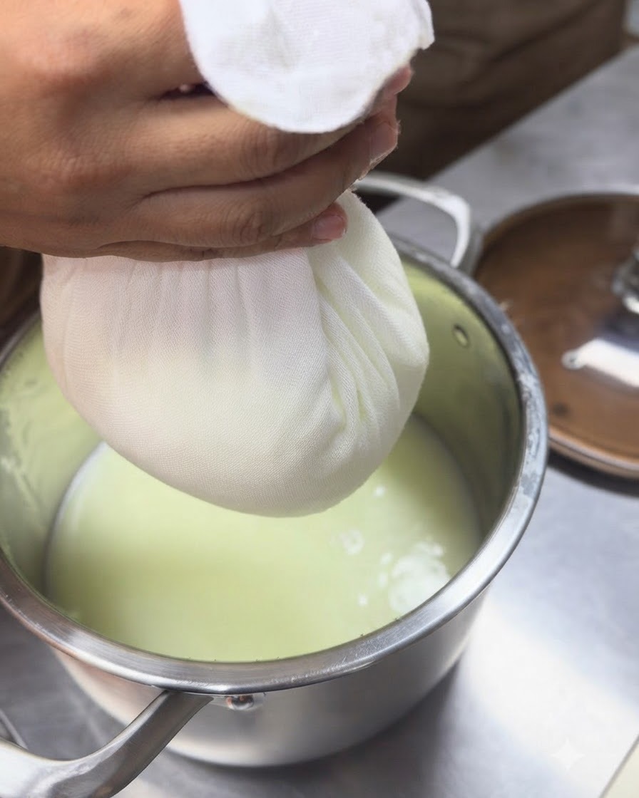 Una stamigna legata appesa che scola il siero in una pentola di metallo sottostante.