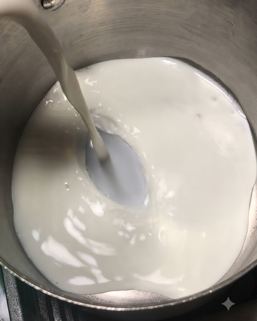 Latte e panna fresca versati in una casseruola in acciaio inossidabile su un piano cottura.