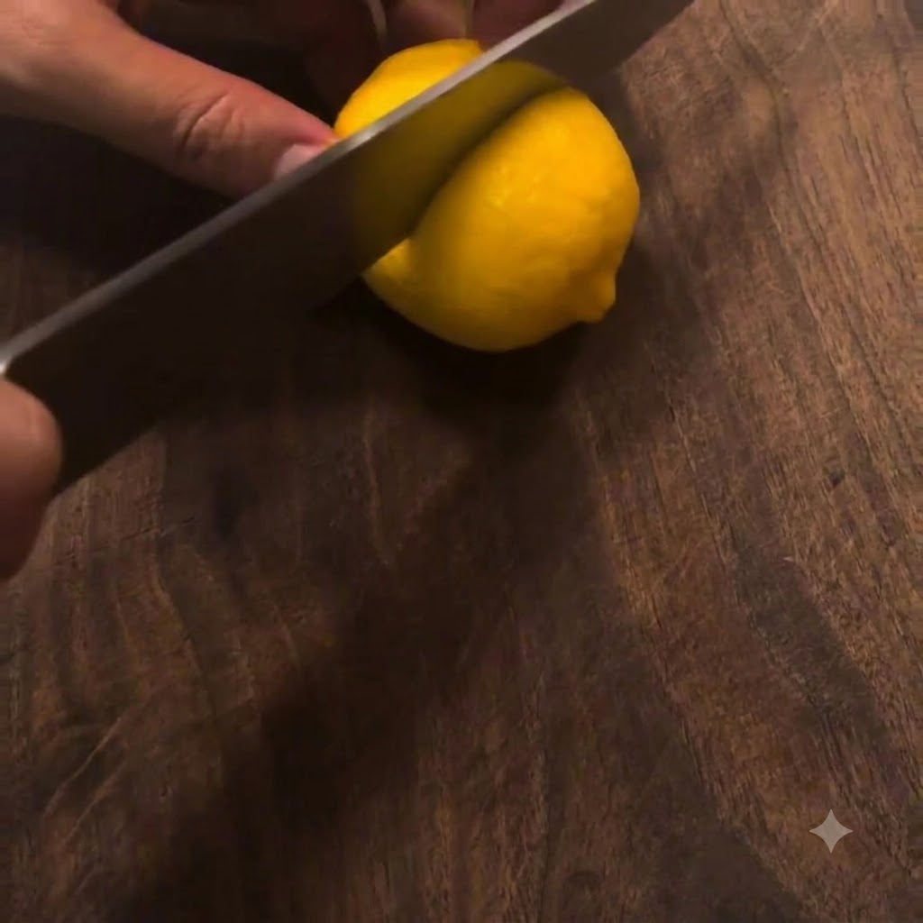 Un coltello affilato che taglia un limone giallo fresco a metà su un tagliere di legno.
