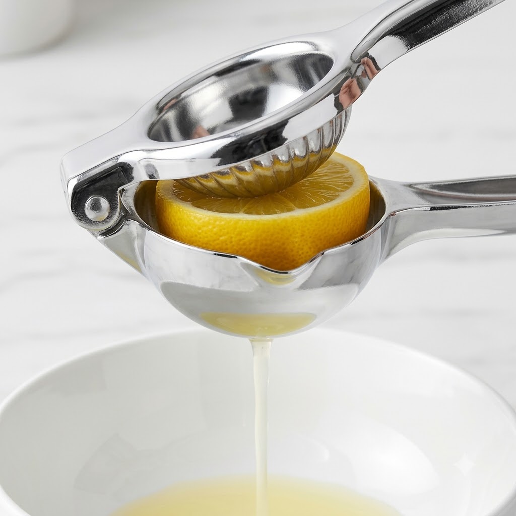 Una metà di limone spremuta con uno spremiagrumi in acciaio inossidabile, rilasciando il succo in una ciotola bianca.