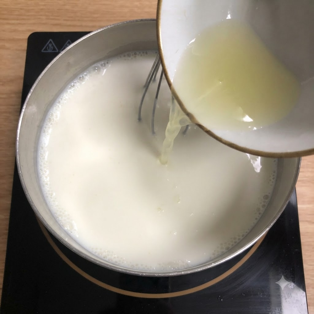 Succo di limone appena spremuto versato da una ciotolina in una pentola di latte tiepido mentre si mescola.