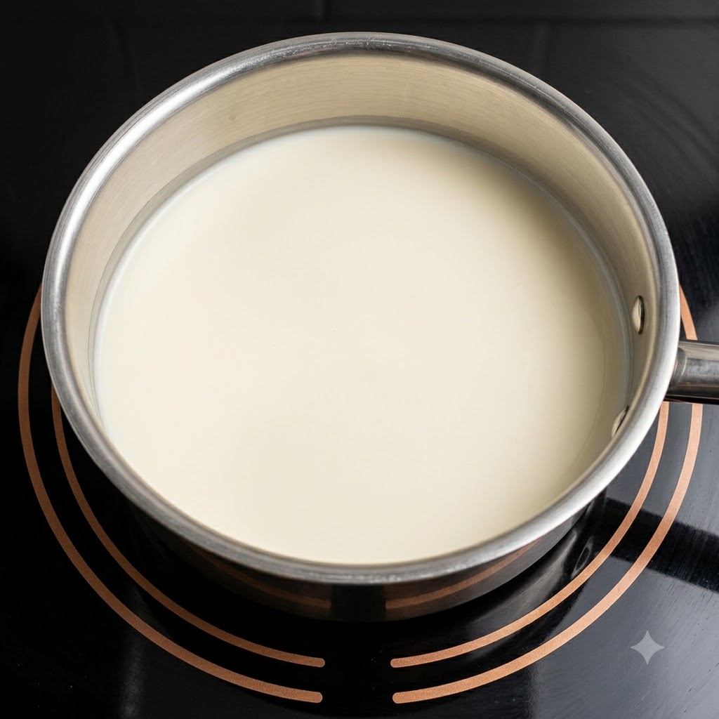 Il composto di latte cagliato in una casseruola dopo essere stato lasciato riposare fuori dal fuoco.