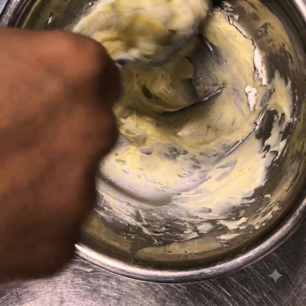 Mano che usa un cucchiaio per mescolare e levigare la ricotta fredda allinterno di una ciotola di metallo.