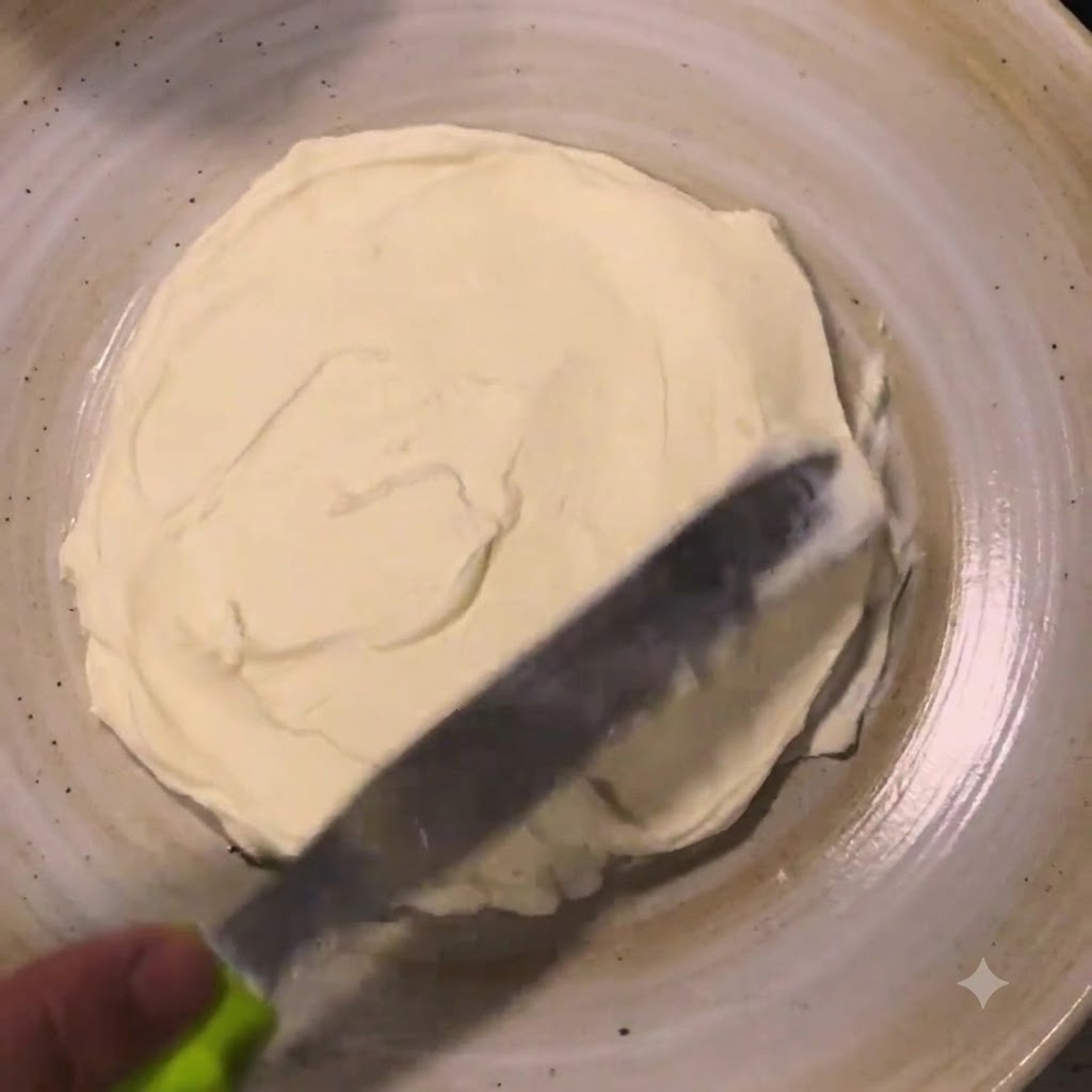 Ricotta fatta in casa spalmata in uno strato circolare su un piatto con un coltello piatto.