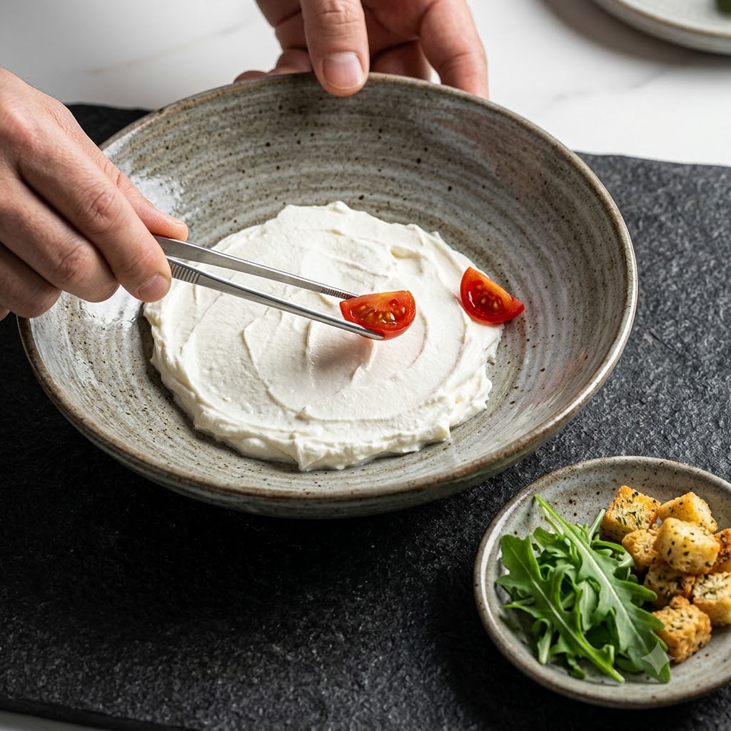 Foglie di rucola verde fresca disposte in cerchio attorno al bordo della ricotta spalmata su un piatto.