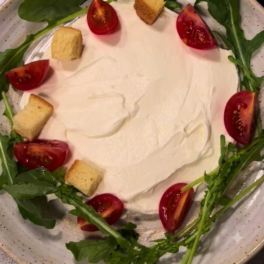 Crostini di pane tostati posizionati sopra la ricotta insieme ai pomodorini e alla rucola.