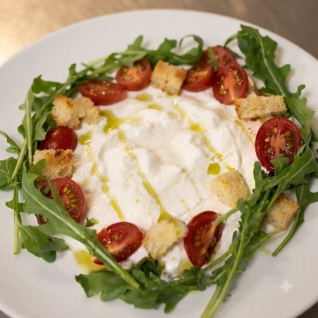 Vinaigrette balsamica scura e olio al basilico verde conditi a goccia sulla ricotta e sullinsalata assemblate.