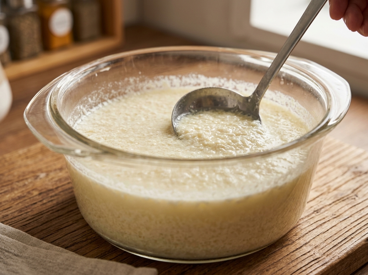 Un cucchiaio forato che solleva e controlla la consistenza della cagliata di latte appena formata in una ciotola di vetro.