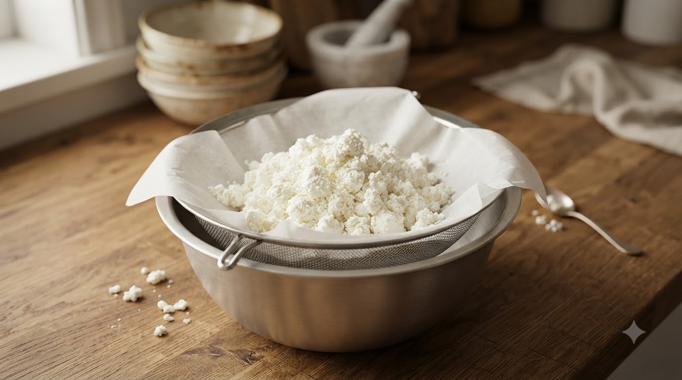 Un blocco di ricotta fresca adagiato su carta da filtro dentro un colino a rete.
