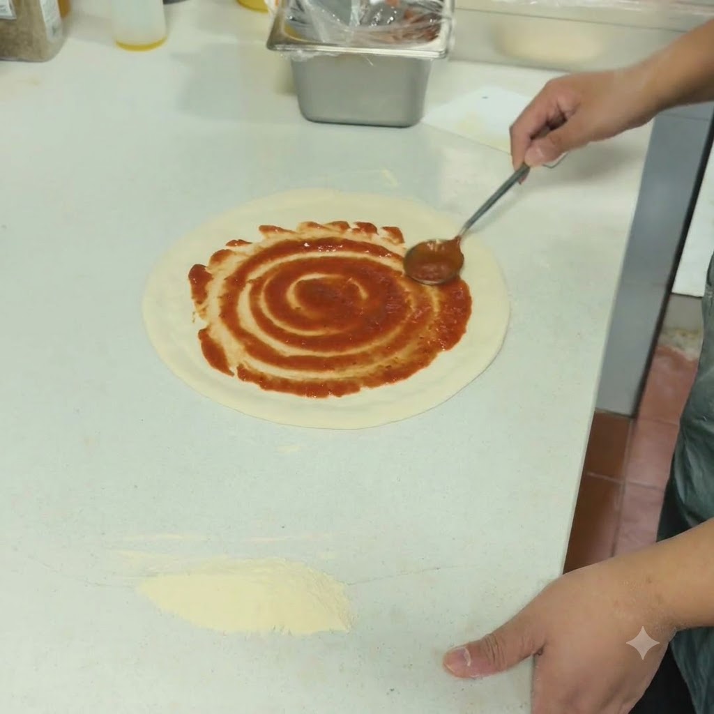 Salsa di pomodoro rossa stesa a spirale sulla pasta della pizza con un cucchiaio.