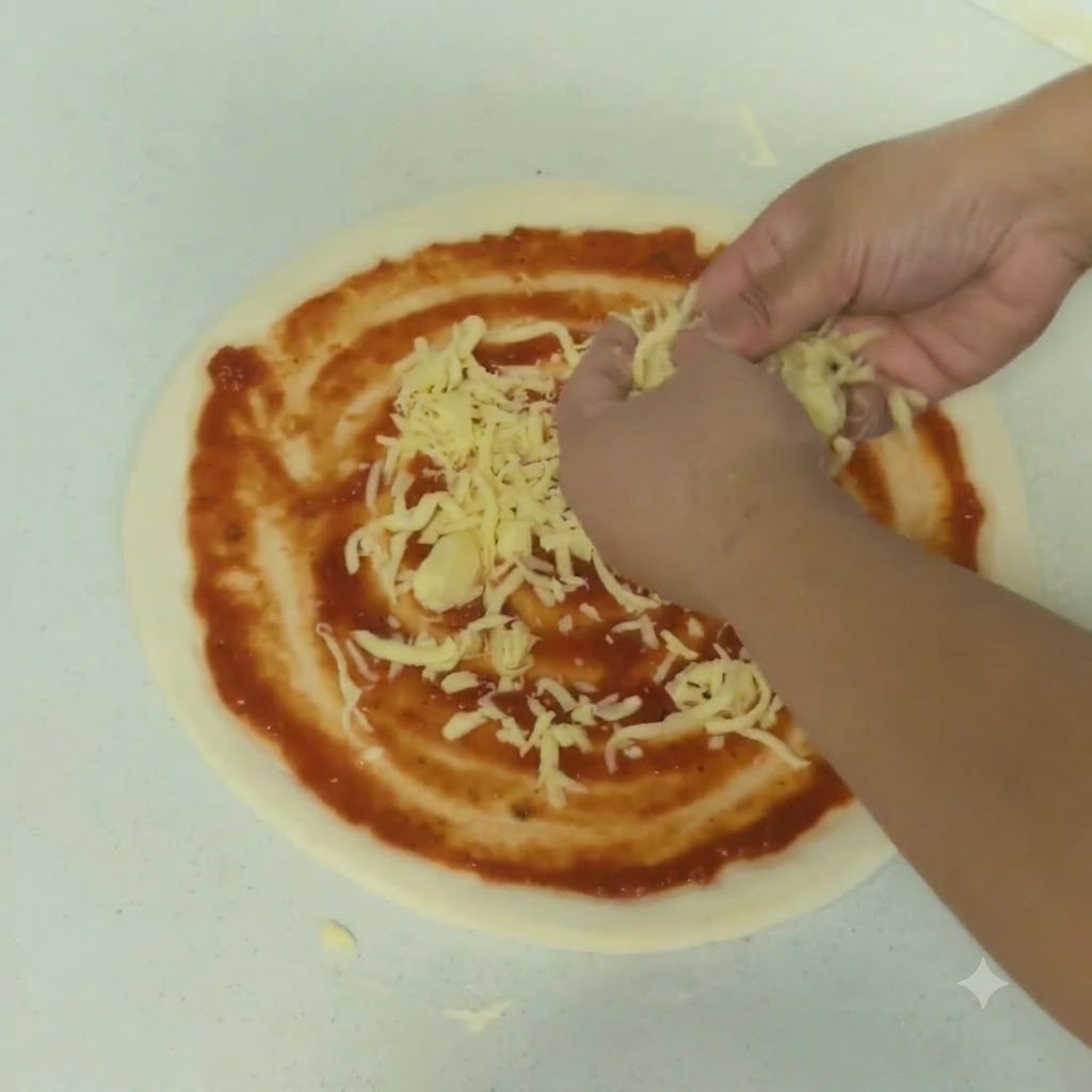 Mani che cospargono il formaggio grattugiato in modo uniforme sulla base della pizza.
