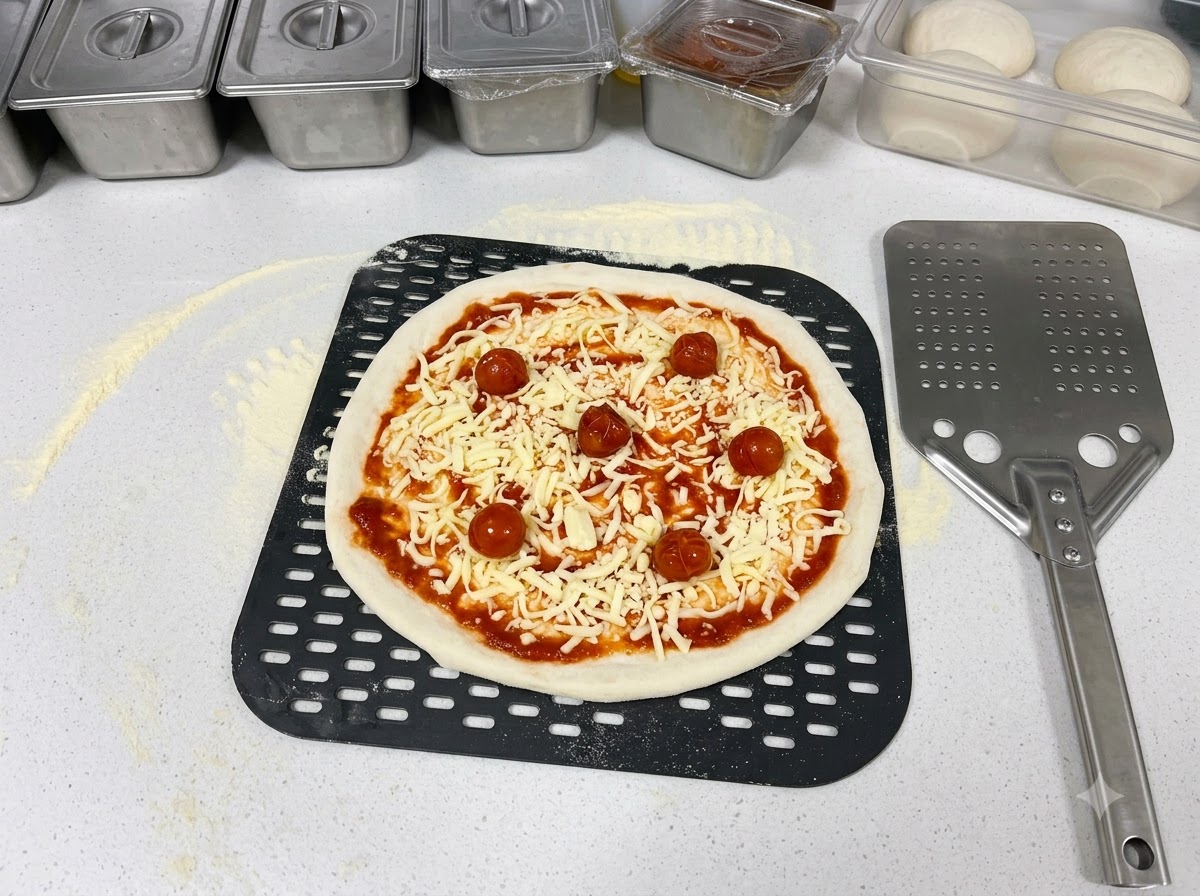 Pomodorini marinati posizionati sulla pizza coperta di formaggio usando delle pinze da cucina.