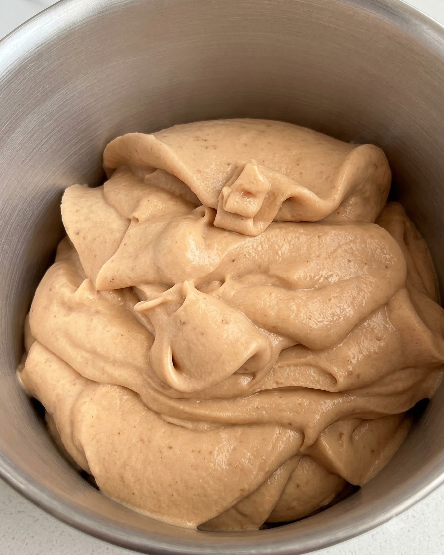 Base per gelato liscia e congelata allinterno della ciotola di metallo di una gelatiera.