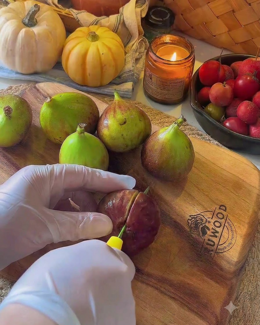 Fichi freschi tagliati a metà su un tagliere di legno usando un coltello.