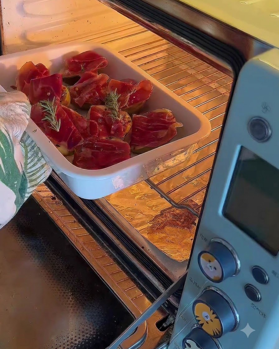 Una pirofila con fichi ripieni inserita in un piccolo forno.