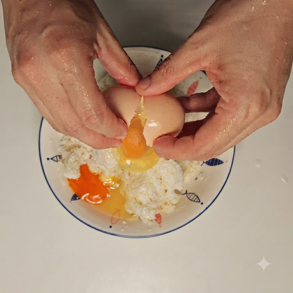 Un uovo crudo aperto in una ciotola di briciole di pane bianche.