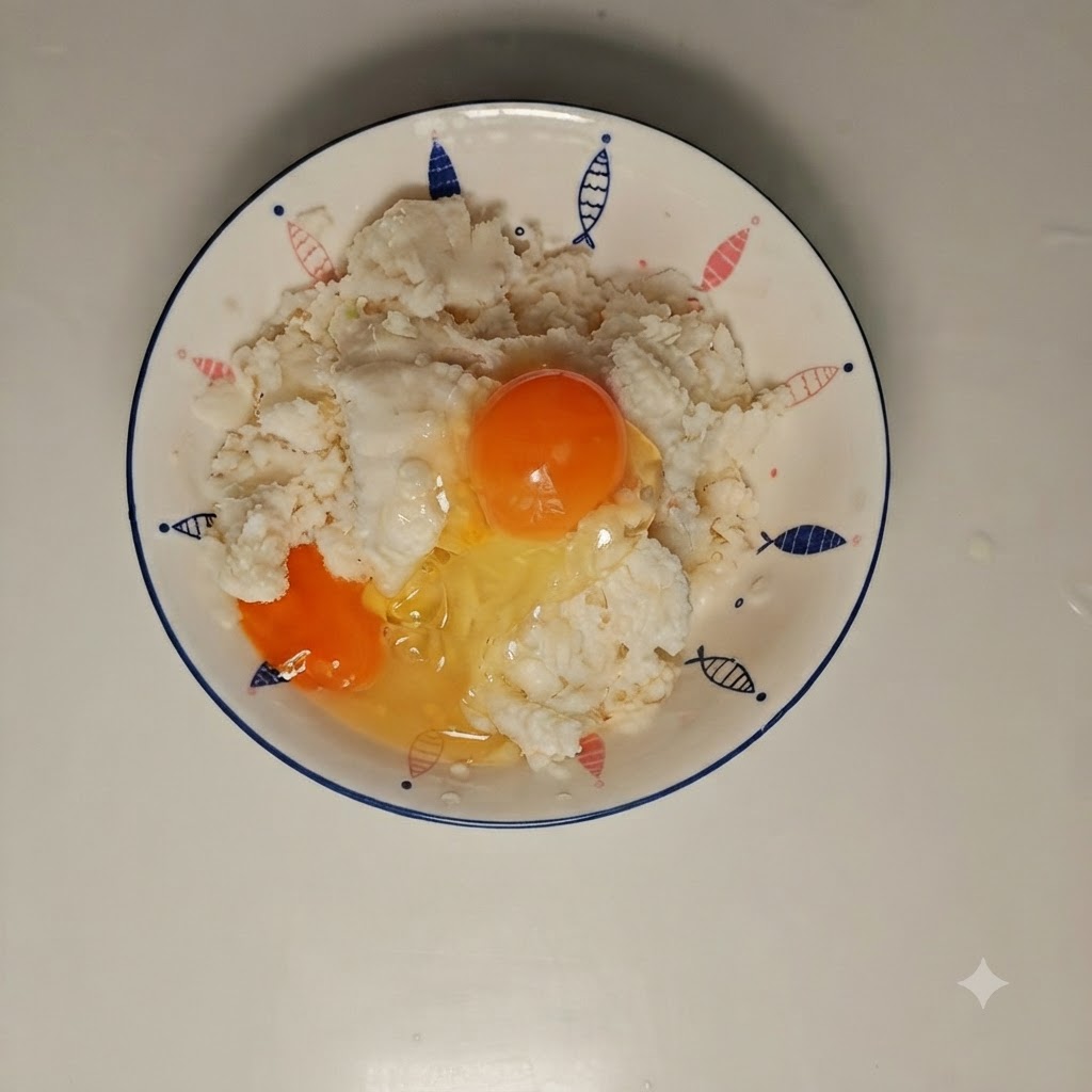 Briciole di panino e un uovo sbattuto combinate insieme allinterno di una ciotola bianca prima di essere mescolate.