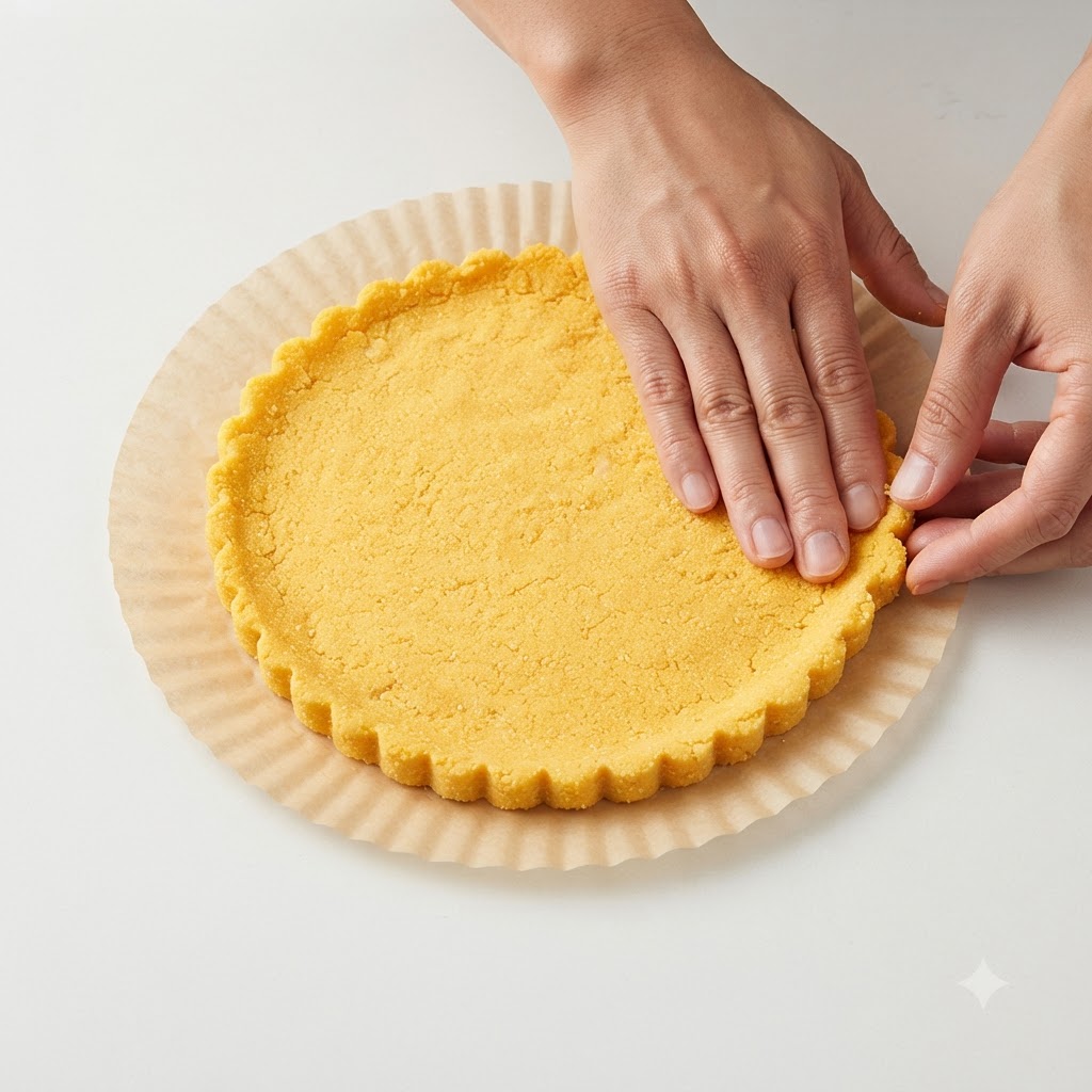 Mani che premono e modellano una base di pasta rotonda gialla con un bordo rialzato su carta da forno.