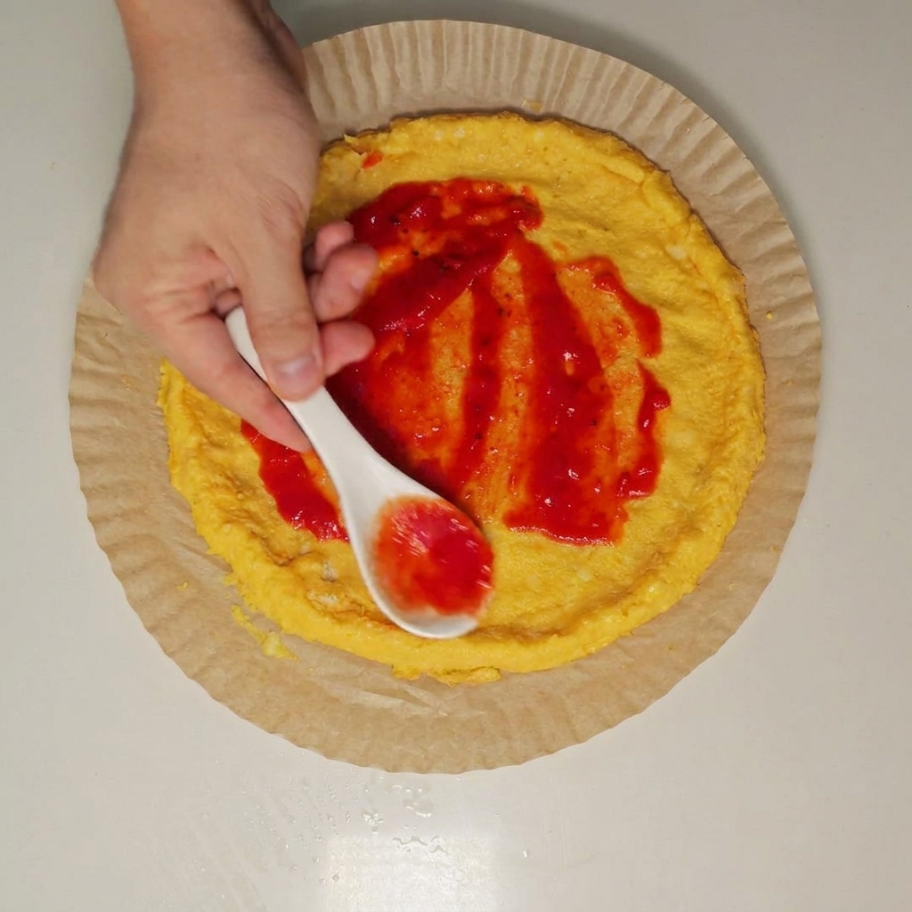 Un cucchiaio che distribuisce uniformemente la salsa di pomodoro rosso brillante su una base di pasta per pizza rotonda.