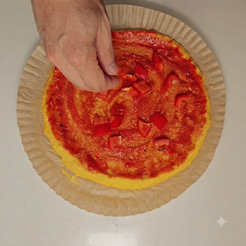 Una persona che cosparge formaggio grattugiato sui peperoni tritati su una base di salsa di pomodoro rossa.