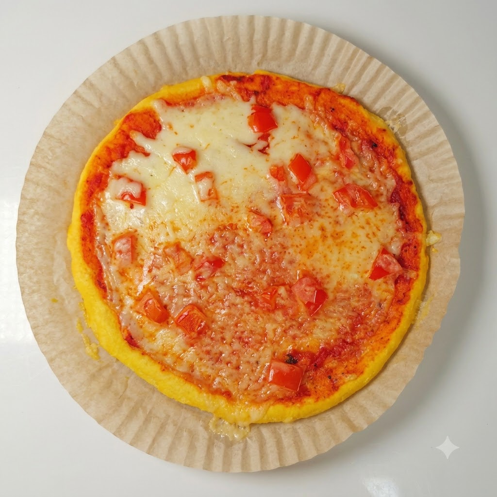 Fette di prosciutto disposte ordinatamente su una base per pizza cotta ricoperta di formaggio fuso e salsa di pomodoro.