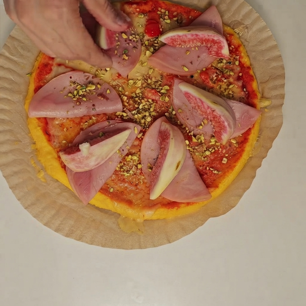 Una persona che posiziona spicchi di fichi freschi e pistacchi tritati sopra le fette di prosciutto sulla pizza.