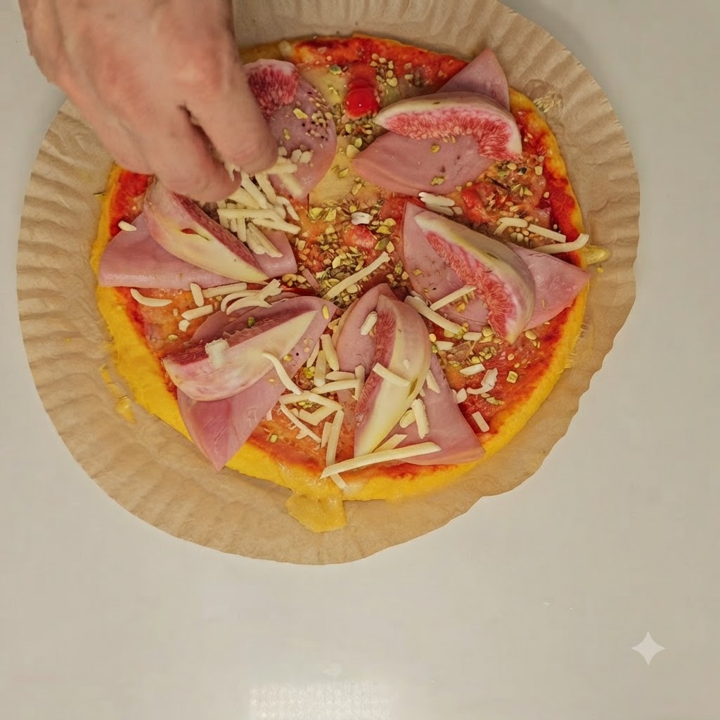 Una mano che aggiunge unultima spolverata di formaggio grattugiato sopra i fichi e il prosciutto prima della cottura finale.