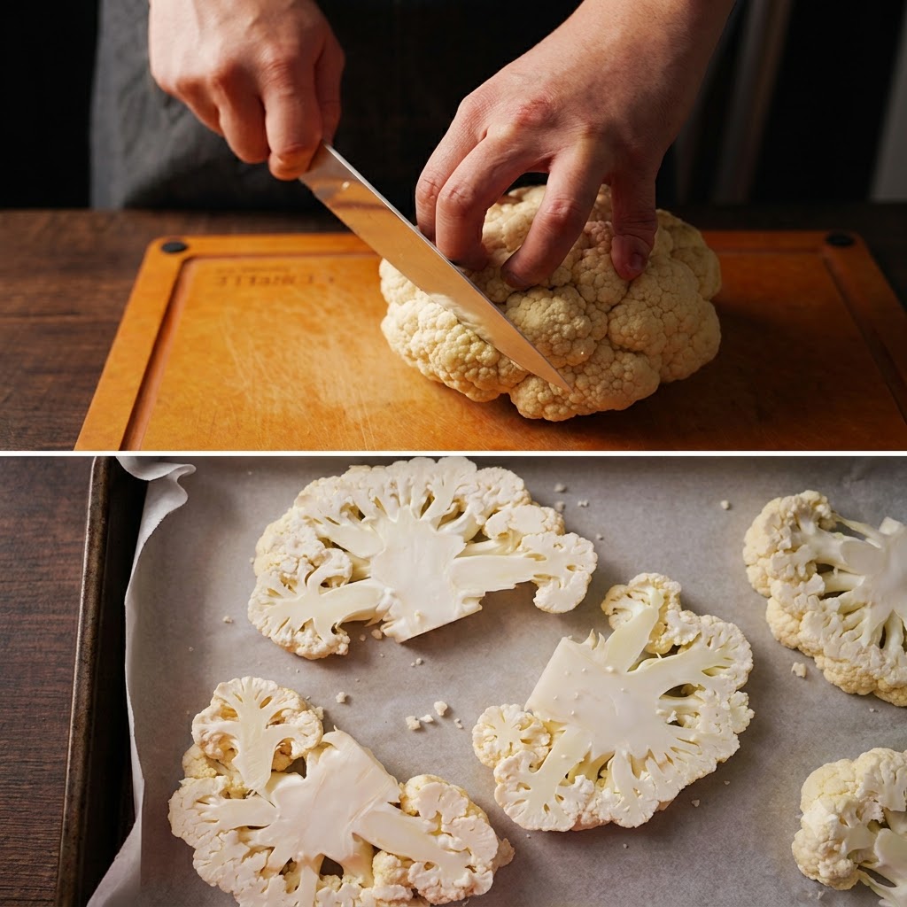 Primo piano delle mani di uno chef che taglia una testa di cavolfiore bianco fresco in fette spesse su un tagliere di legno.