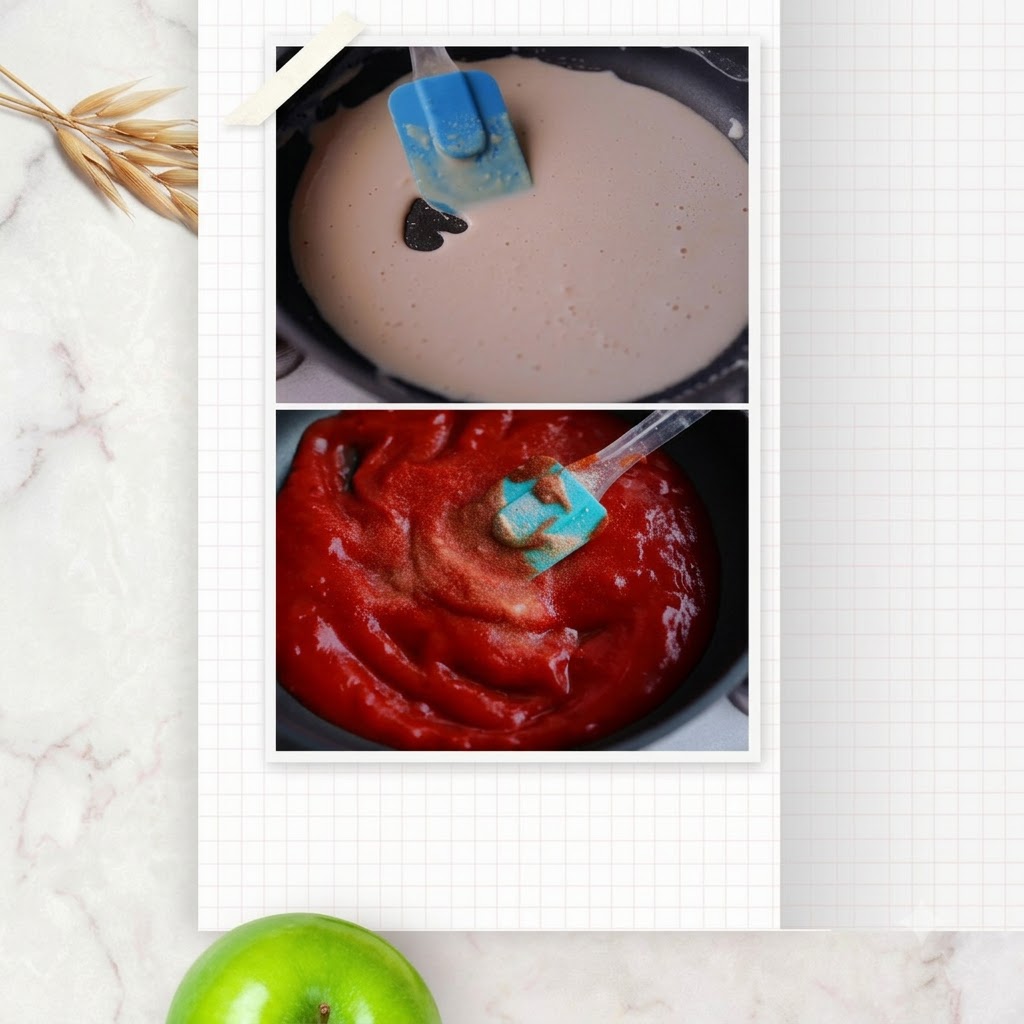 Una spatola in silicone blu che mescola acqua e proteine in polvere in una padella antiaderente scura.