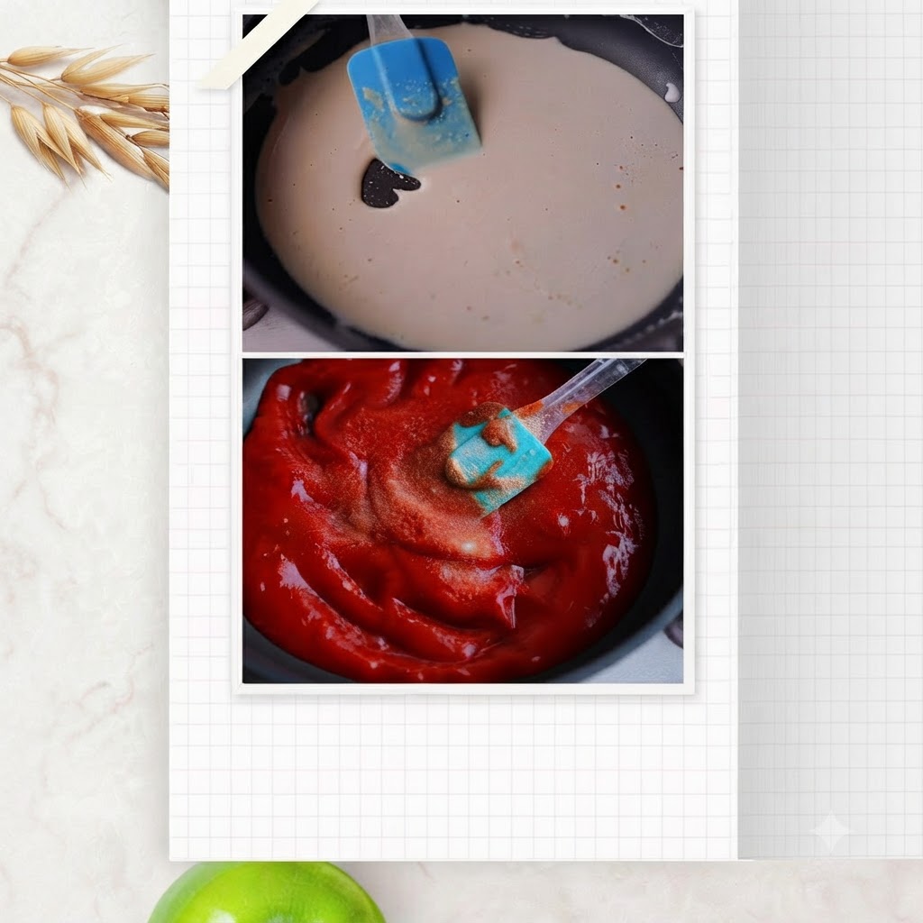 Una spatola blu che mescola e gira una ricca salsa di pomodoro rosso scuro che bolle in una padella.