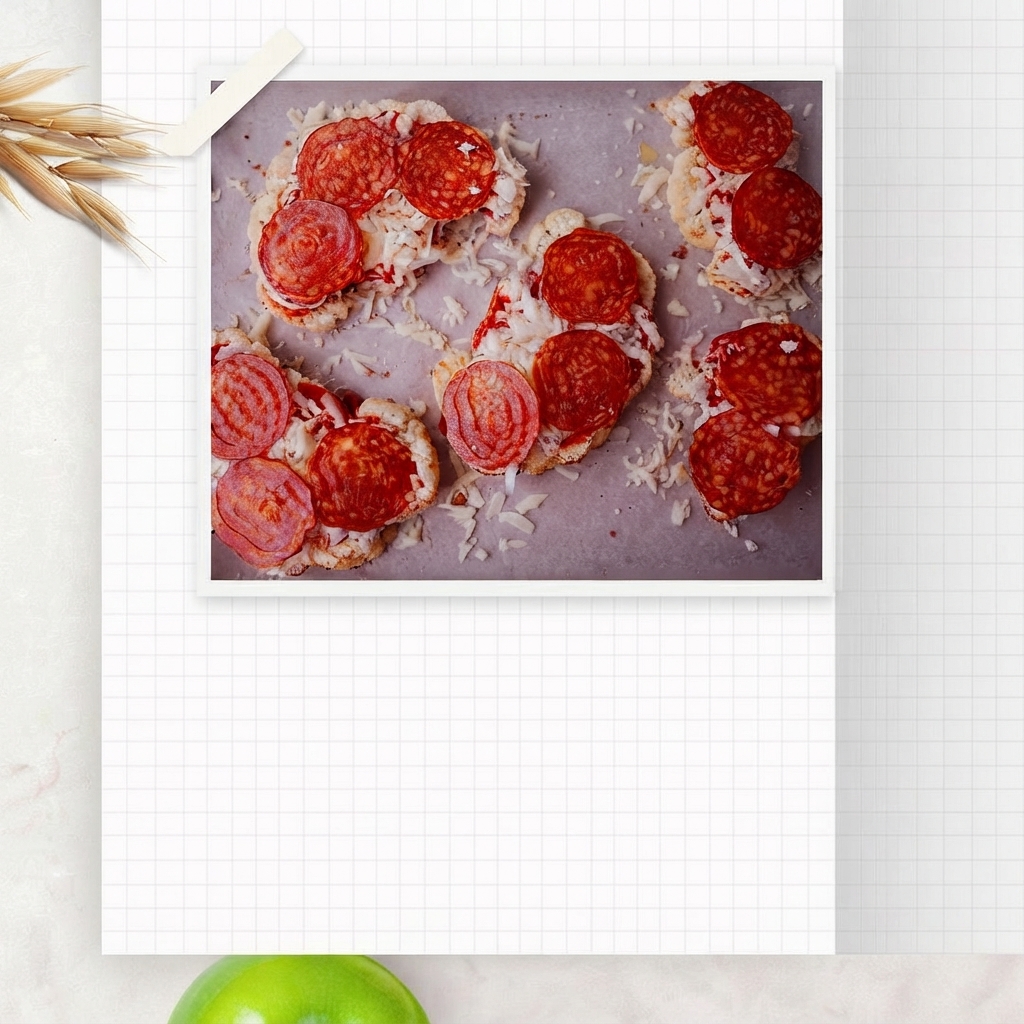 Vista dallalto delle fette di cavolfiore preparate coperte di salsa di pomodoro, formaggio fuso e fette di pepperoni tonde su carta da forno.